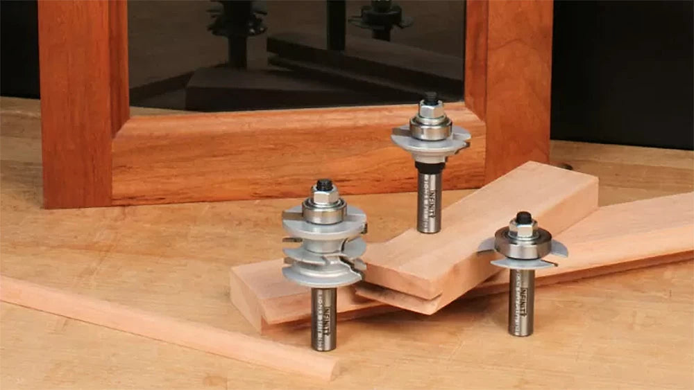 The Infinity 3-pc. Glass Door-Making Router Bit Set makes it easy to produce beautiful glass panel doors for your cabinet project.