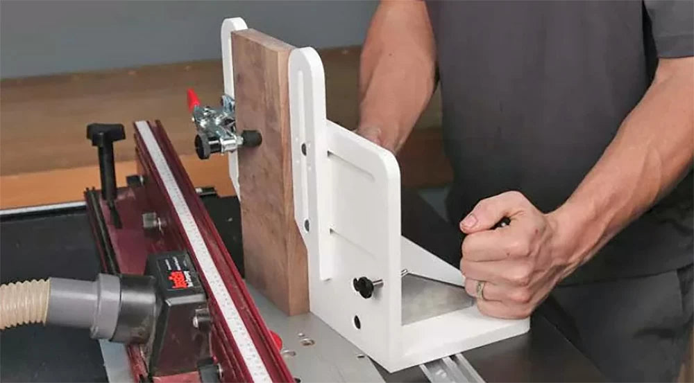 The Vertical Router Sled makes it easy to miter narrow stock and insures a square wobble- free cut.