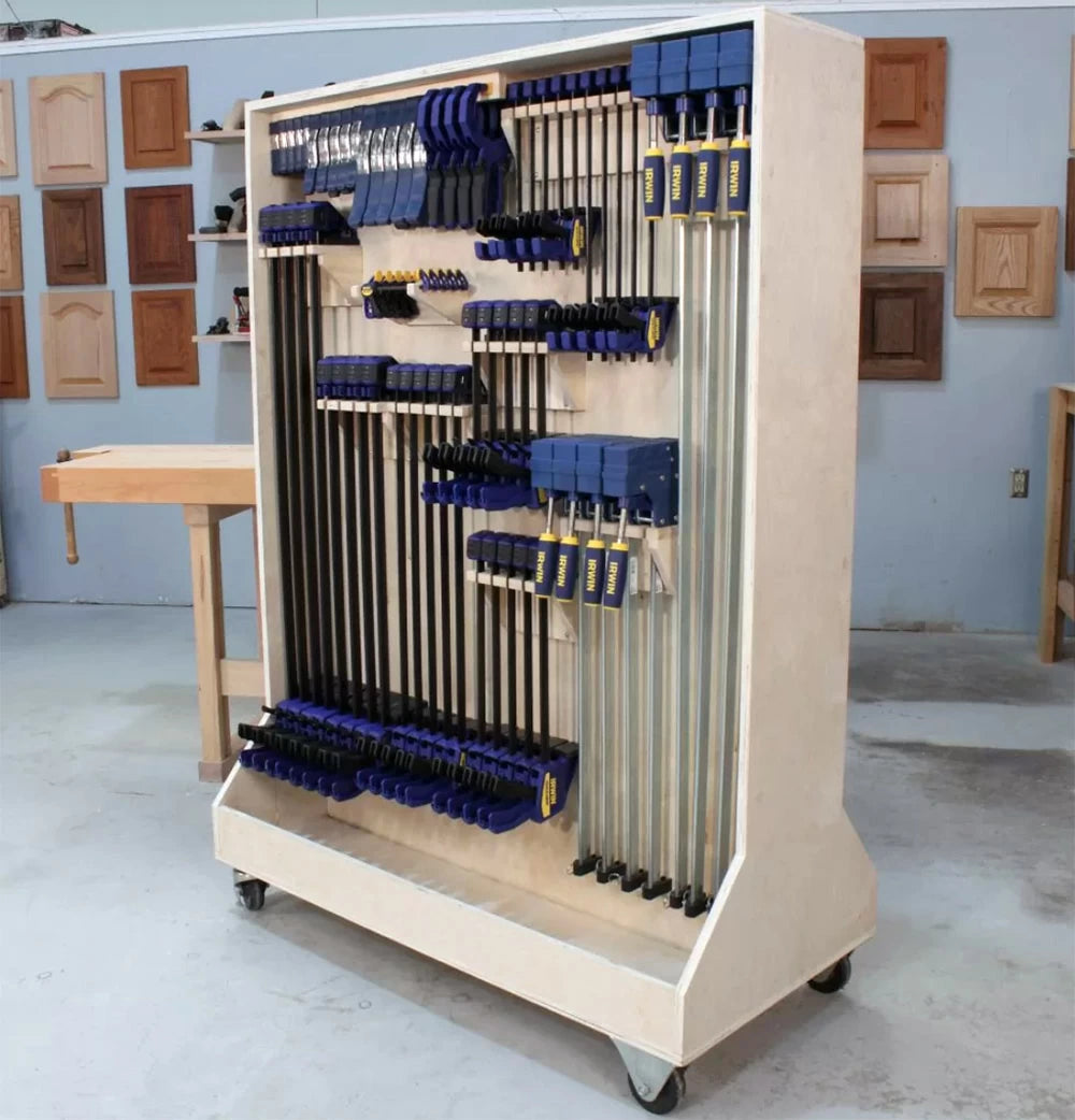 This two-sided, mobile clamp rack packs a lot of storage into a small area.