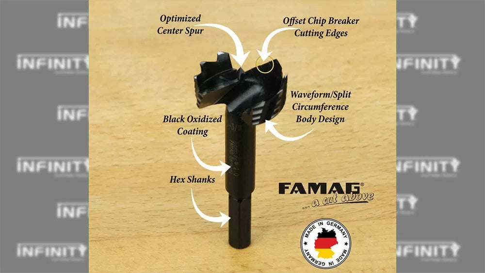 Famag Bormax 2.0 Forstner Bits feature Waveform bodies, offset chip breaker cutting edges, hex shanks, and a black oxide coating.