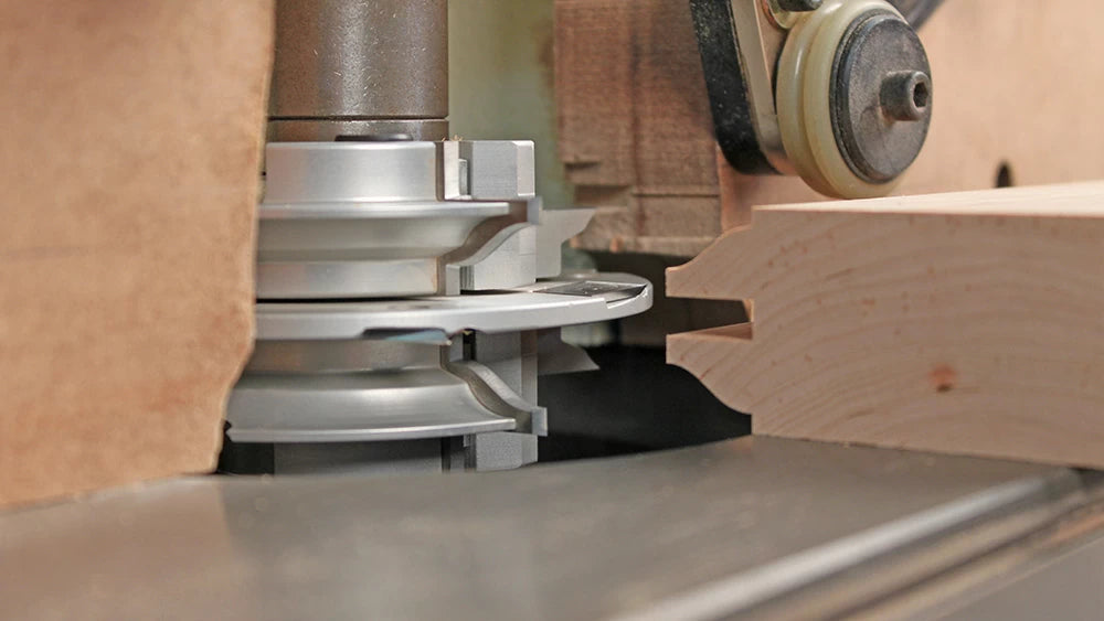 Installing an Insert-Pro Door Making Shaper Cutter set is as simple as arranging the heads in the correct order, setting the fence and spindle height, and going to work. No fussy shimming required.