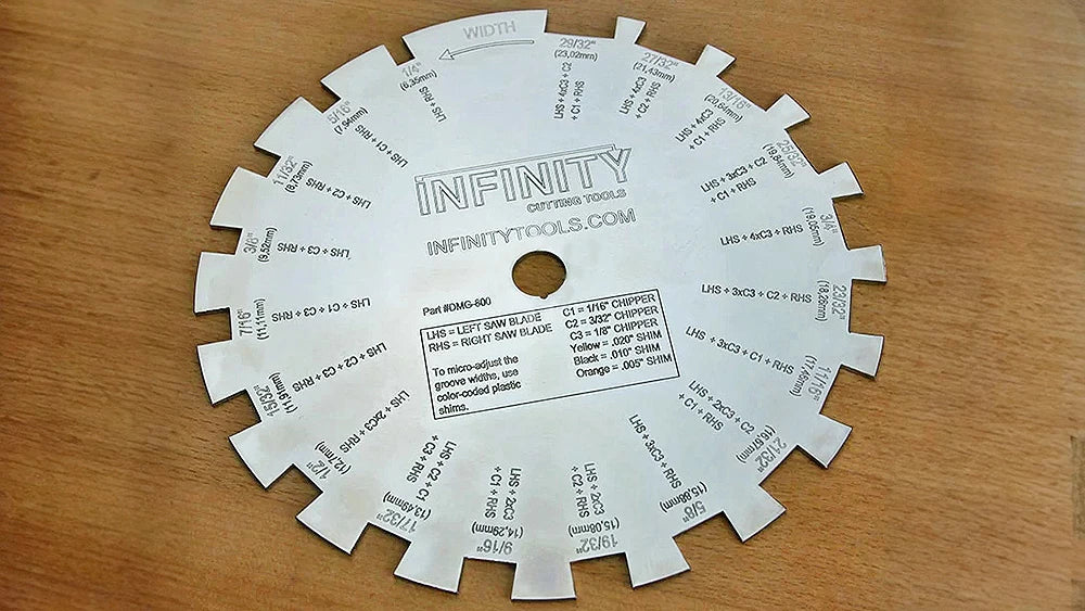 The DMG-800 Dado Measuring Gauge makes it quick and easy to measure the thickness of a workpiece to set up the correct stacked dado blade width.