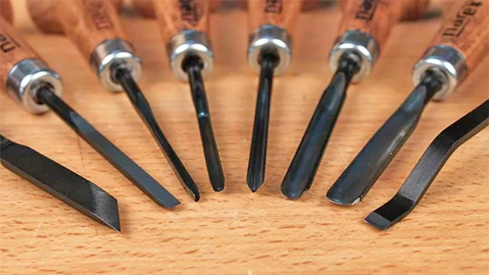 Four Gouges, a V-gouge, Skew, Straight chisel, and a Hollow-out chisel offer you everything needed for almost any project.