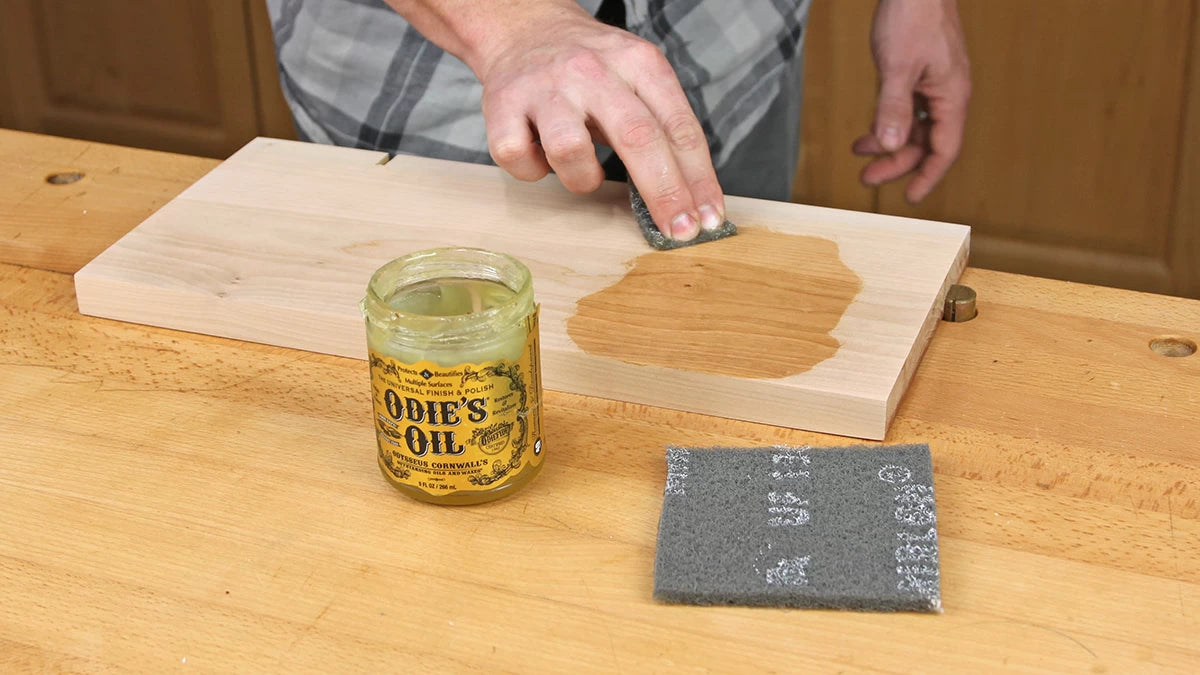 Mirka Mirlon works beautifully as a finish applicator to apply and rub all Odie's finishes into the wood surface.