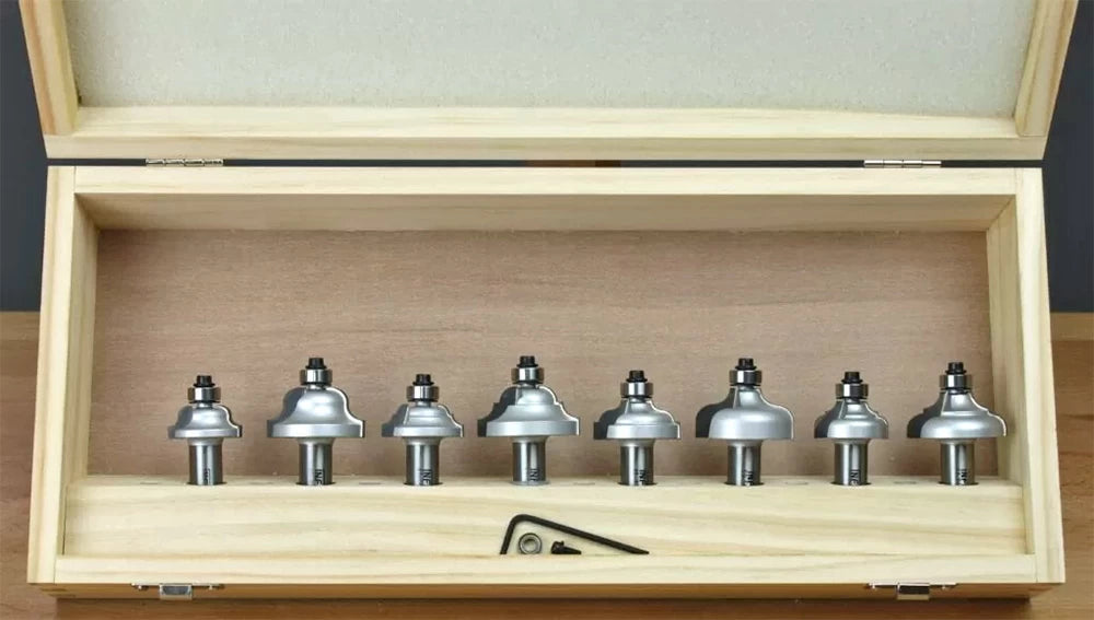 The 00-458 8-pc. Master Ogee Router Bit Set includes a beading conversion kit and wood storage box.