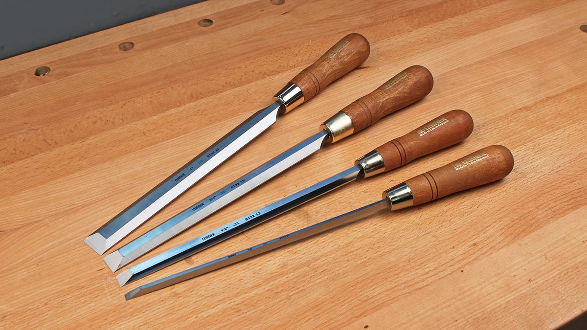 The Narex 4-Pc Paring Chisel set includes chisels measuring a true 1/4