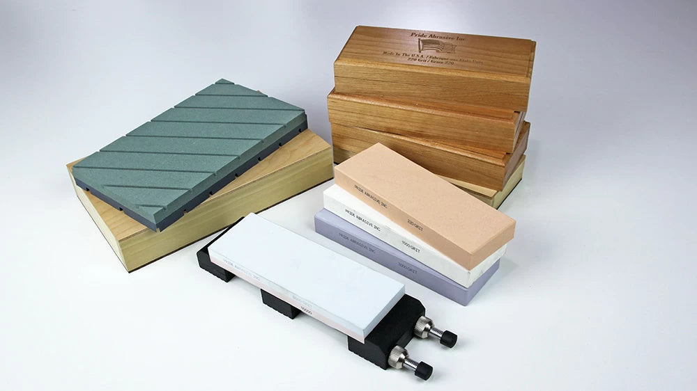 The Pride Abrasives 6-Pc. Master Sharpener's Package is a great choice for any woodworker looking to upgrade sharpening systems. It provides the most useful range of grits to handle any sharpening task and includes a flattening stone and base.
