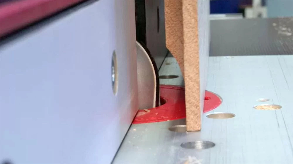 Using a vertical router bit to raise a panel for a cabinet door.