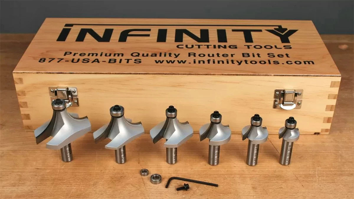 Infinity Tools 00-386 Roundover & Beading Router Bit Set includes a bearing set for converting the bits to beading bit plus a high-quality, wood storage box.