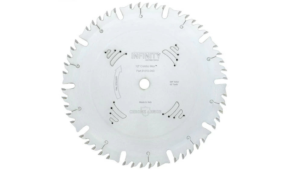 The Infinity Tools Combo-Max 50 Tooth Saw Blade (010-050) has a combination tooth pattern known as an ATB-R grind which gives it a distinct look with ten sets of five teeth.