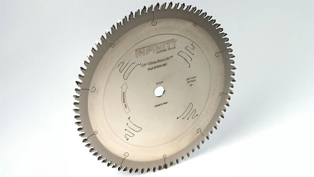 The Infinity 80 Tooth Ultra-Smooth Saw Blade (010-080) has a High ATB Geometry, making it perfect for super clean crosscuts in hardwoods and tear-out free cuts in cabinet grade veneered plywood.