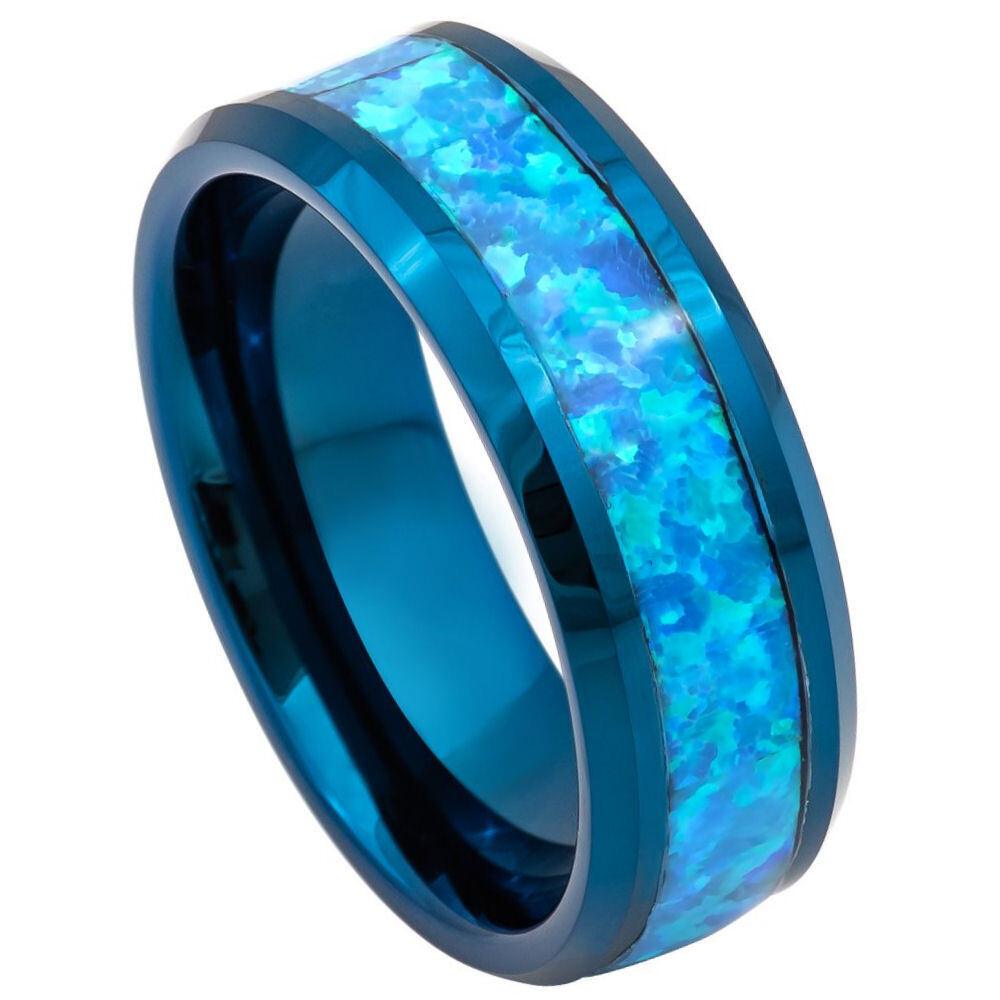 Synthetic Opal Glitter Inlay Blue IP Plated Tungsten Ring - 8mm