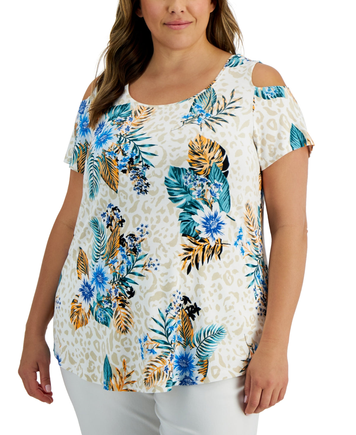 JM Collection Plus Size Tropical Wilderness Top, Created for Macy's - Bright White Combo