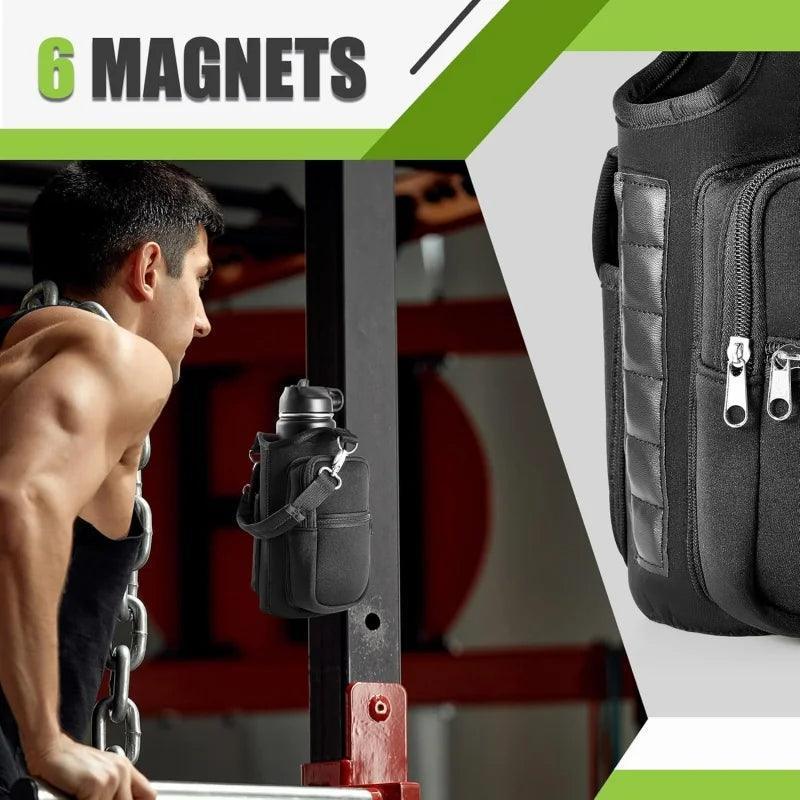 Magnetic Water Bottle Holder Gym Water Bottle Carrier Bag with Phone Pocket Handle Shoulder Strap 6 Built-In Magnets Water Bottle - Universal Wellness Group Pty Ltd