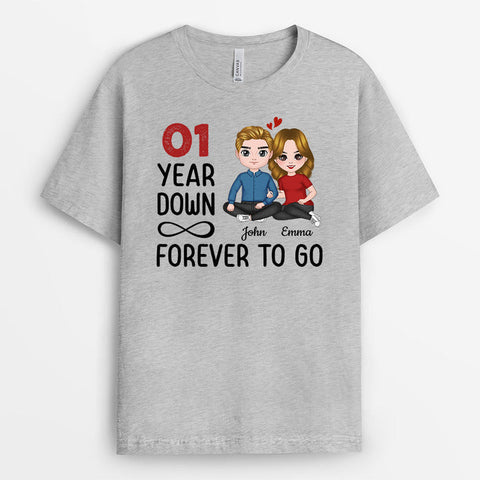 Personalised 1 Year Down Forever To Go T-shirt with 1st wedding anniversary wishes