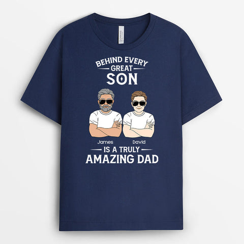 Personalised Behind Every Great Son Is A Amazing Dad T-shirts as ideas for 21st birthday for son[product]