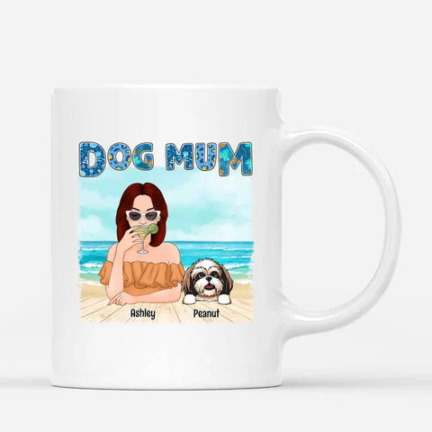 personalised ceramic dog cup for dog mum with beach background[product]