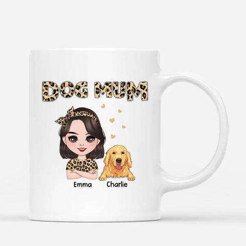 customised dog mum mugs with cute illustration of woman and dog[product]