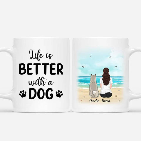 custom mugs for dog mum with illustration sitting by the beach[product]