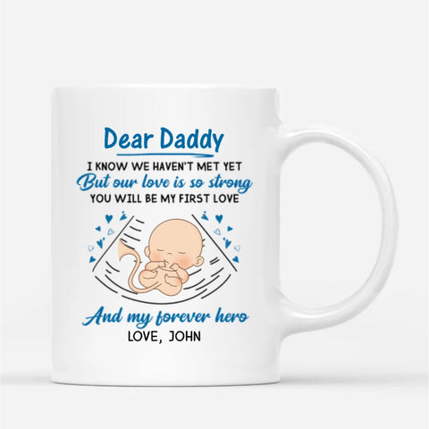 Personalised Dear Daddy Mug printed with cute baby cartoon graphics, a dad's mane and heartfelt Father's Day wishes is considered as meaningful and unique Fathers Day gifts for new dads