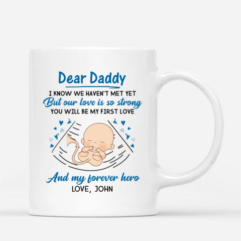 Personalised Dear Daddy Mug printed with cute baby cartoon graphics, a dad's mane and heartfelt Father's Day wishes is considered as meaningful and unique Fathers Day gifts for new dads[product]