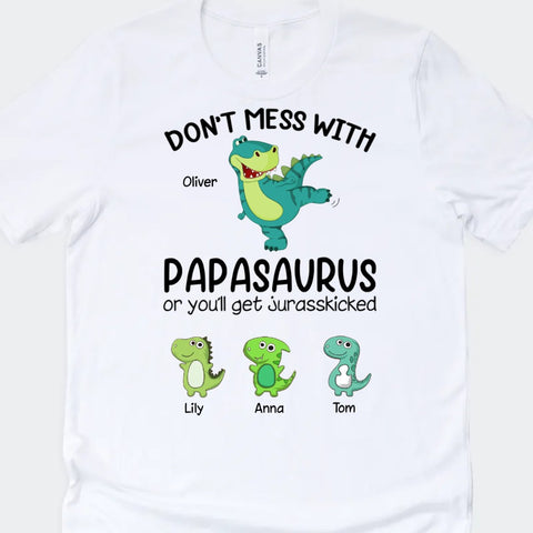 Funny Papasaurus T-Shirts with dinosaur illustration, kids and dads name and funny fathers day wishes