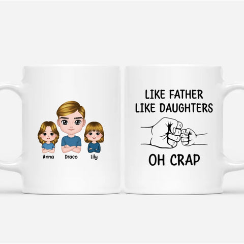 personal mugs for fathers printed with dads illustration, kids illustration, names and Fathers Day funny quotes[product]