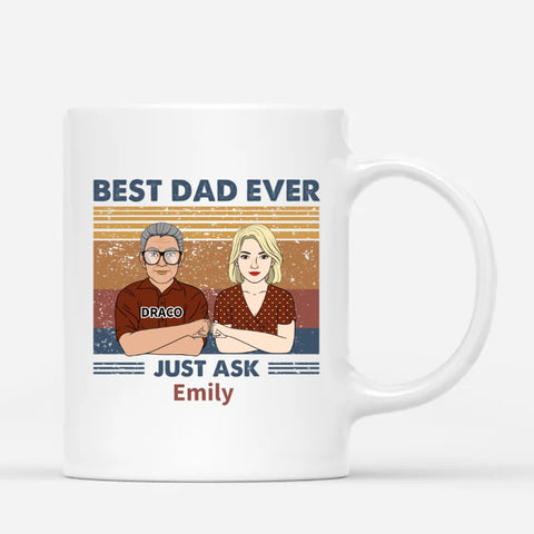 Funny fathers day mugs printed with names, funny illustration and happy fathers day text from daughter and son
