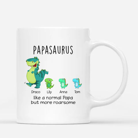 Funny Custom Mugs for dad, grandad from kids customised with names, kids name, dinosaur illustration and text