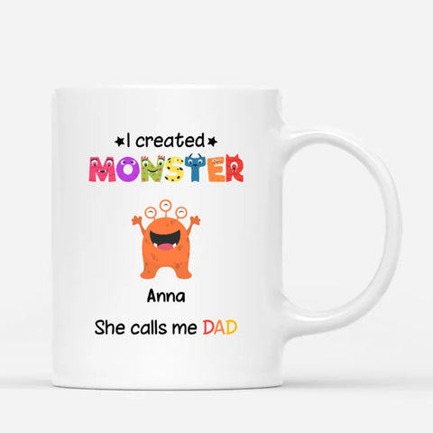 Quirky Custom Mugs from kids to dads printed with monster illustration, happy fathers day message and names