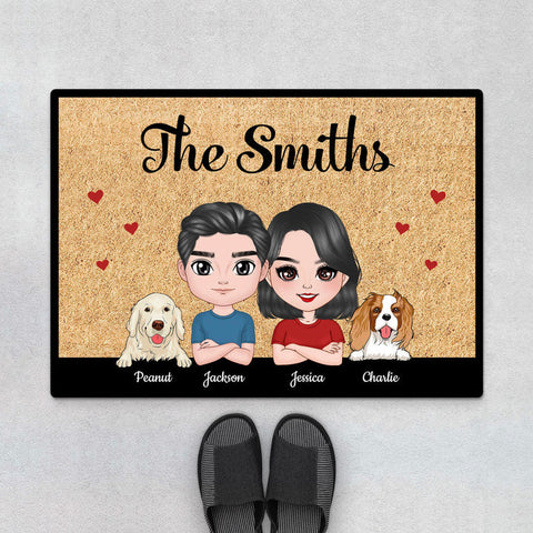 Personalised Couple And Dogs Door Mat as inexpensive wedding gifts