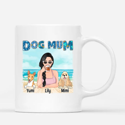 personalised ceramic mugs for dog mum with beach theme and name