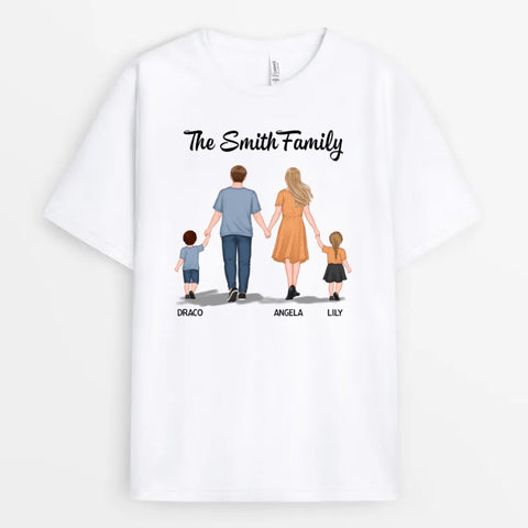Personalised The Family Holding Hands T-shirt for a family of four, adored for its heartfelt design, is perfect for families to wear at family gatherings