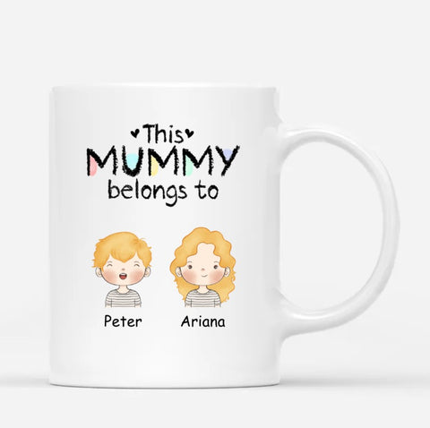 Personalised This Awesome Mummy Nanny Belongs To Mug is printed with family's members' names, cute cartoon drawings to strengthen bond