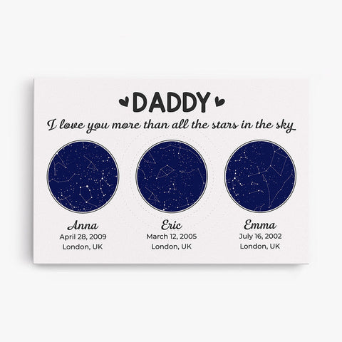 The personalised canvas is designed with your dad's name, a heartfelt Fathers Day message from son, family-themed graphics[product]