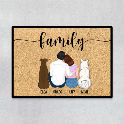 custom door mats for fathers day featuring family illustration and dog portrait