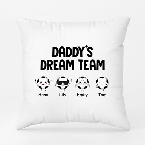 funny fathers day pillow customised with football theme, names, illustration cute and happy fathers day quote