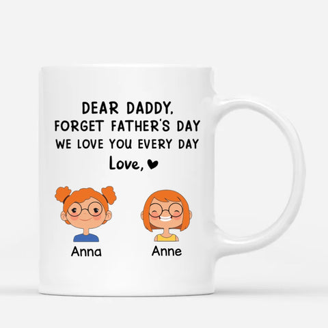 funny fathers day mugs customised for dad from daughter and son with names, cute illustration and custom text for fathers day