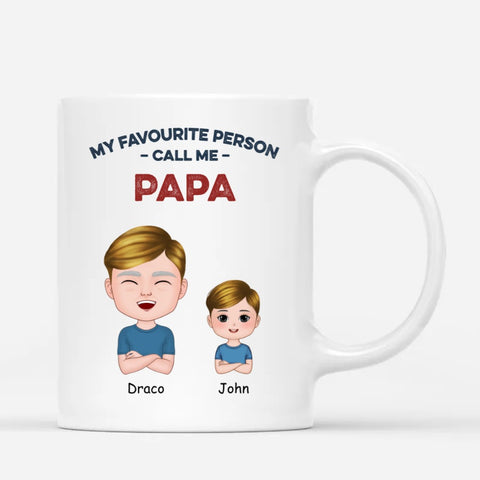 funny fathers day mug gifts printed with names, illustration and happy message, crafted from ceramic with 11oz capacity