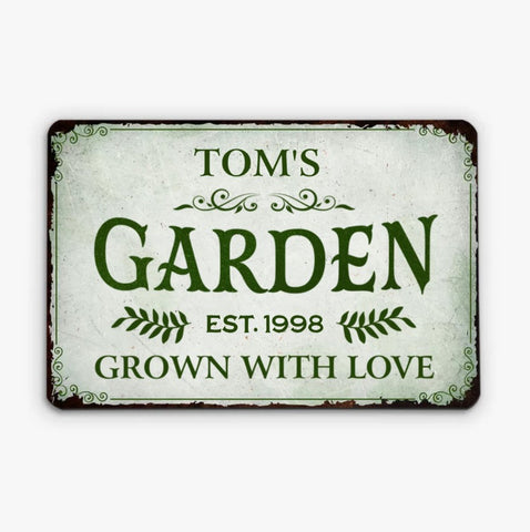 The special Father's Day metal sign is customised with dad's name, heartfelt Father's Day messages and gardening-themed illustrations