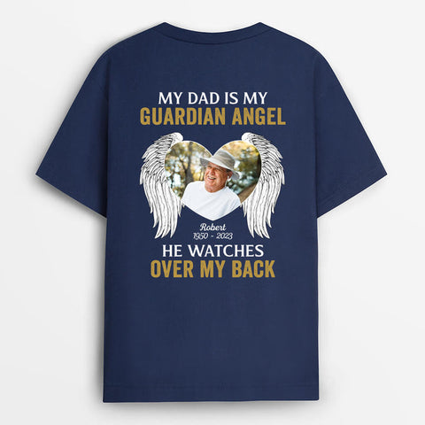 Personalised My Dad Is My Guardian Angel T-Shirt is designed with miss you heavenly Father's Day quotes for dad and his favourite photo[product]