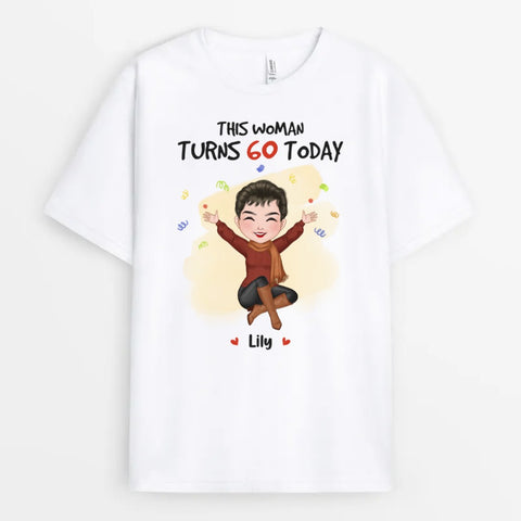 Funny 60th Birthday T Shirt for her with names, funny 60th birthday message and her illustration[product]