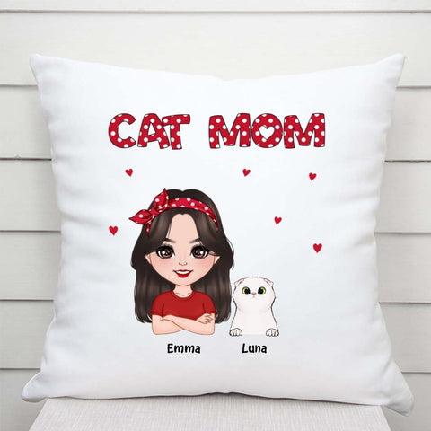 funny cat mum pillow with human and cat illustration