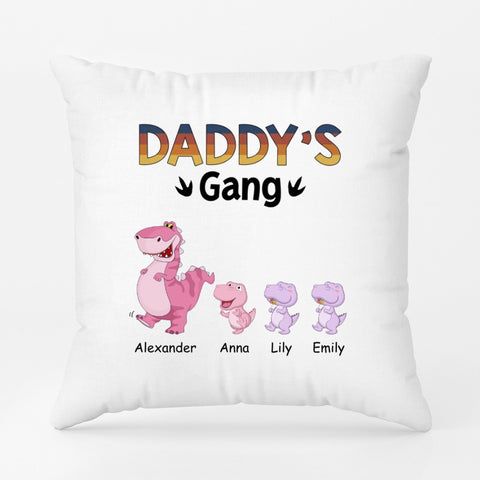 customised daddy pillow for fathers day from daughter and son with name, dinosaur illustration and funny messages for dad