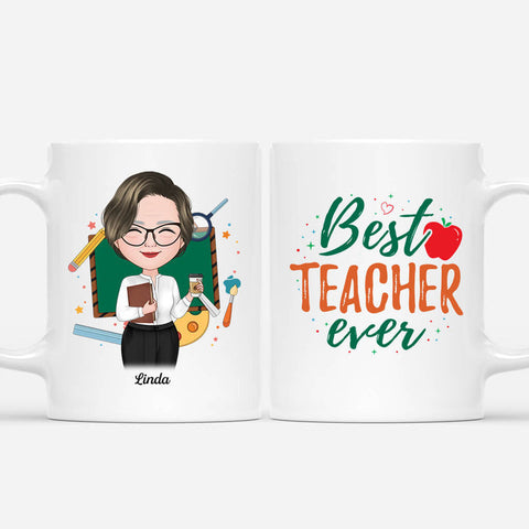 Personalised The Best Teacher Ever Mug is printed with the leaving teacher's name, a special message, and cartoon graphic with education theme[product]