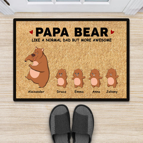 Personalised Papa Bear Grand Door Mat is designed with cute bear-themed illustrations and names of dad and his children, perfect for Father's Day