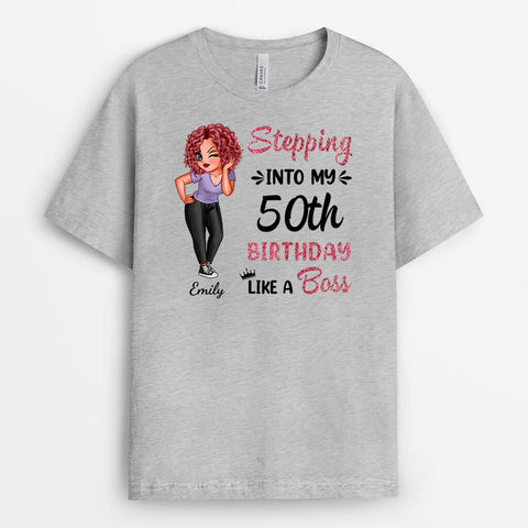 Personalised Stepping Into My 50th Birthday Like a Boss T-Shirts as Unique 50th birthday ideas for wife[product]