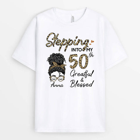 Personalised Stepping Into My 50th Birthday Grateful And Blessed T-Shirts as ideas for wife's 50th birthday gift[product]