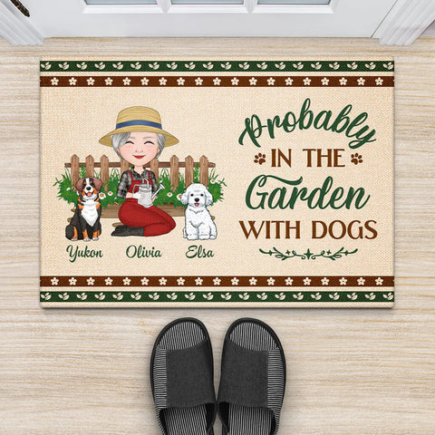 Personalised Probably In the Garden With Dogs Doormat as 50th birthday gift for wife Who is a gardener