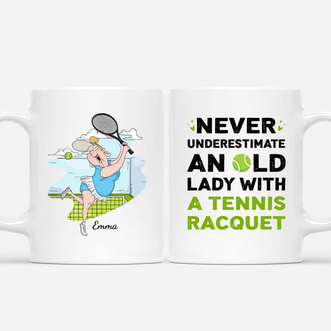 Personalised Never Underestimate An Old Lady with a Tennis Racquet Mugs as ideas for wife's 50th birthday gift[product]